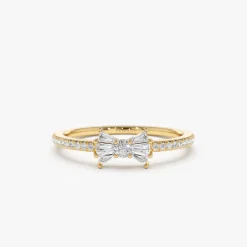 14k Baguette and Round Diamond Bow Ring