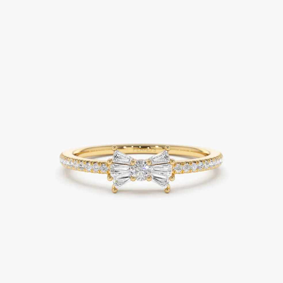 14k Baguette and Round Diamond Bow Ring