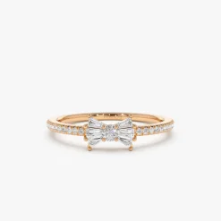 14k Baguette and Round Diamond Bow Ring