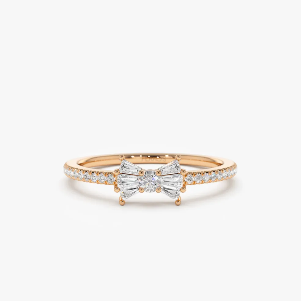 14k Baguette and Round Diamond Bow Ring