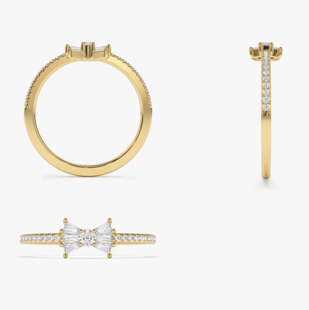 14k Baguette and Round Diamond Bow Ring