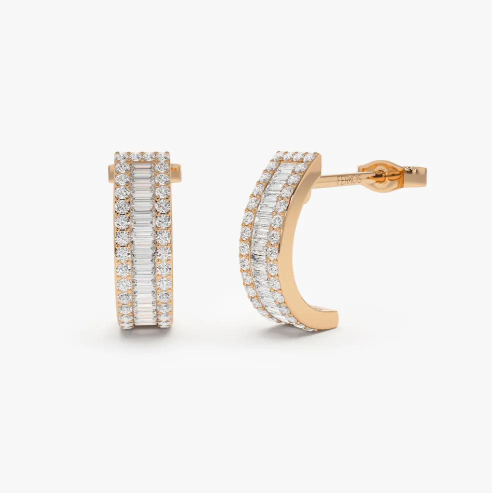 14K Baguette and Round Diamond Micro Pave Earrings