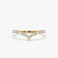 14k Baguette and Round Diamond Chevron Ring