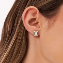 14k Baguette and Round Emerald Studs Halo Setting
