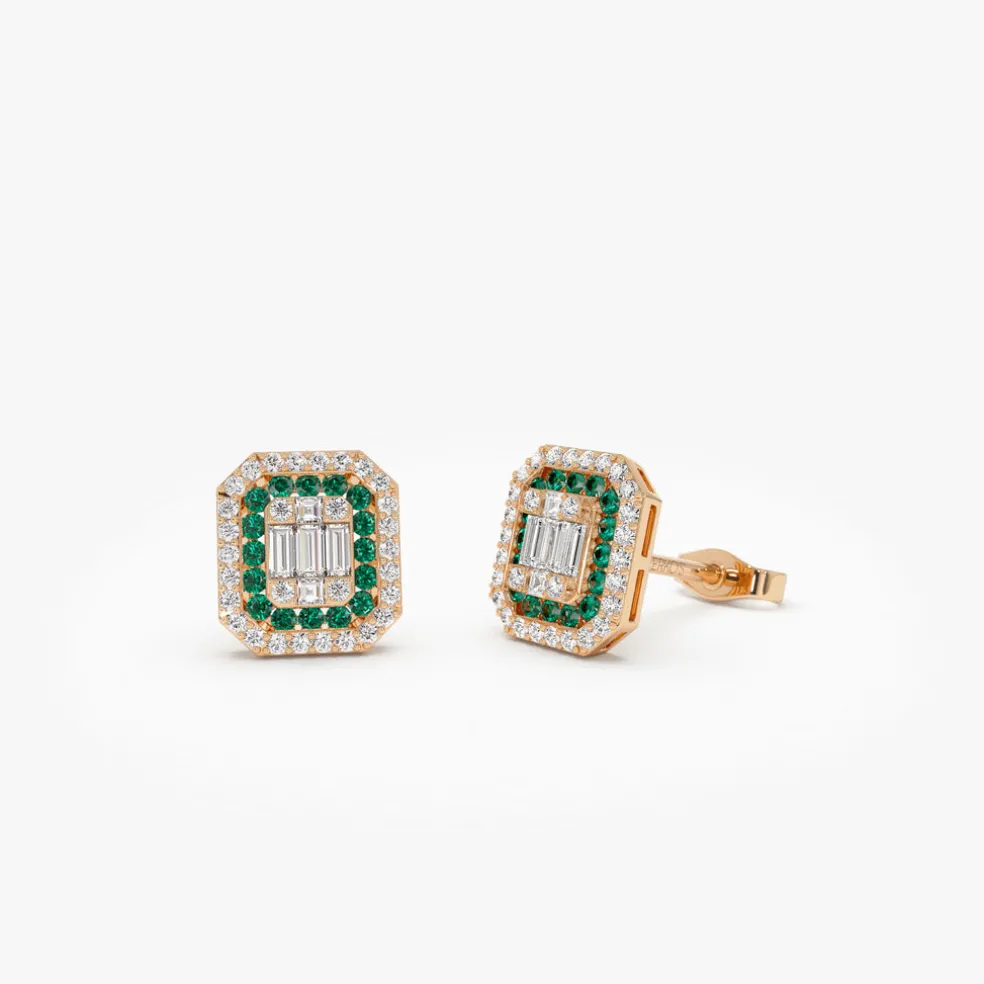 14k Baguette and Round Emerald Studs Halo Setting