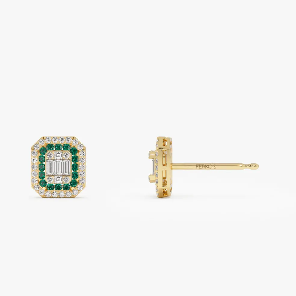 14k Baguette and Round Emerald Studs Halo Setting