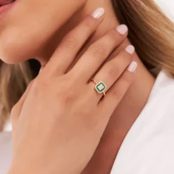 14k Baguette and Round Emerald Ring with Halo Setting