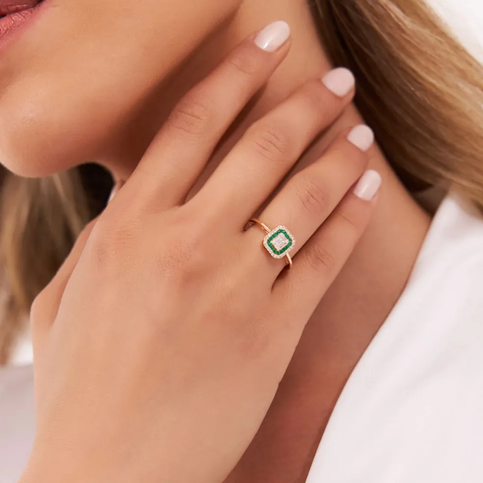14k Baguette and Round Emerald Ring with Halo Setting