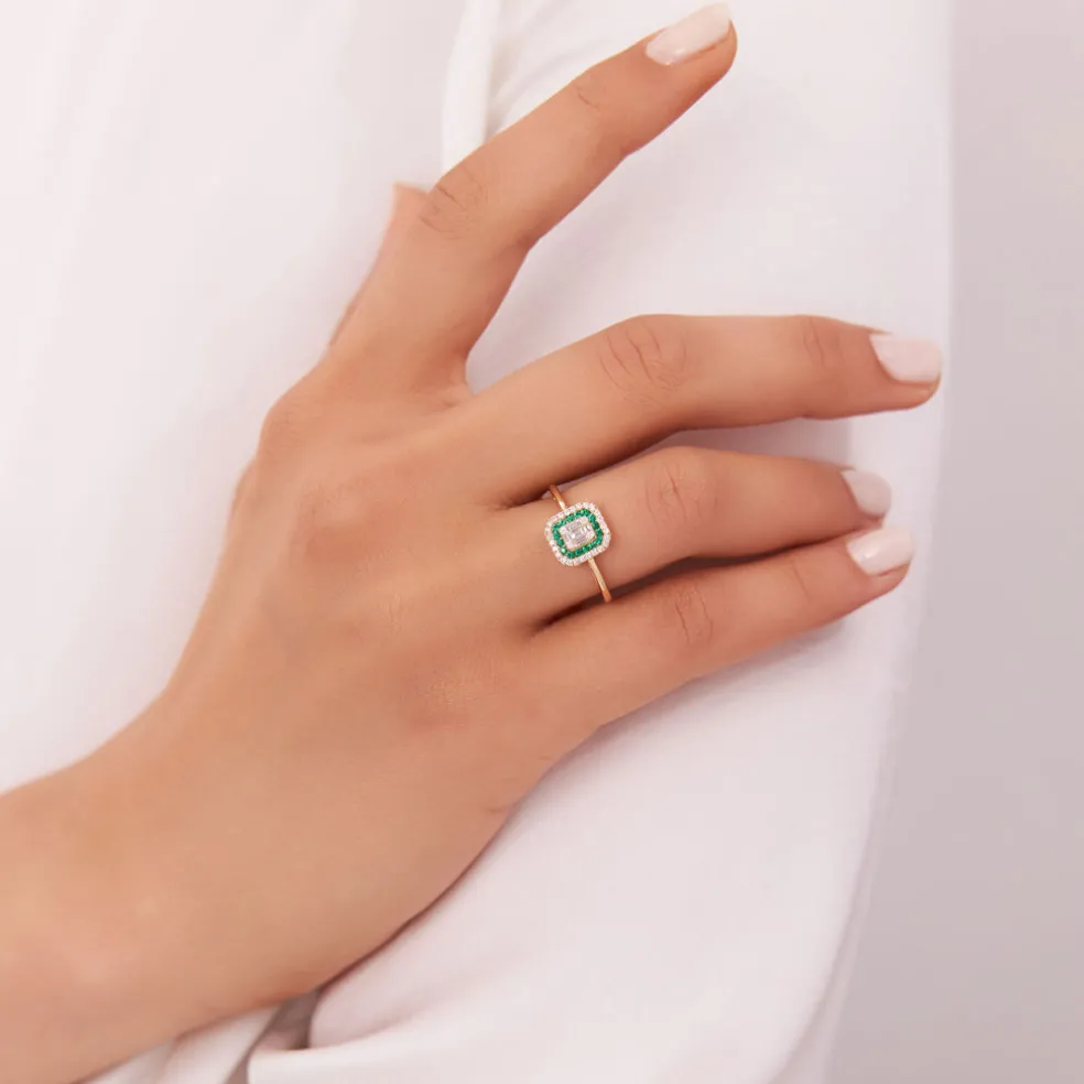 14k Baguette and Round Emerald Ring with Halo Setting
