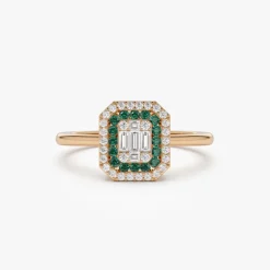 14k Baguette and Round Emerald Ring with Halo Setting