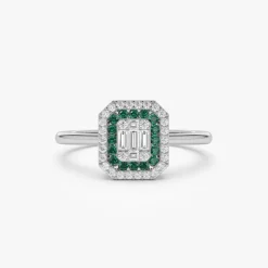 14k Baguette and Round Emerald Ring with Halo Setting