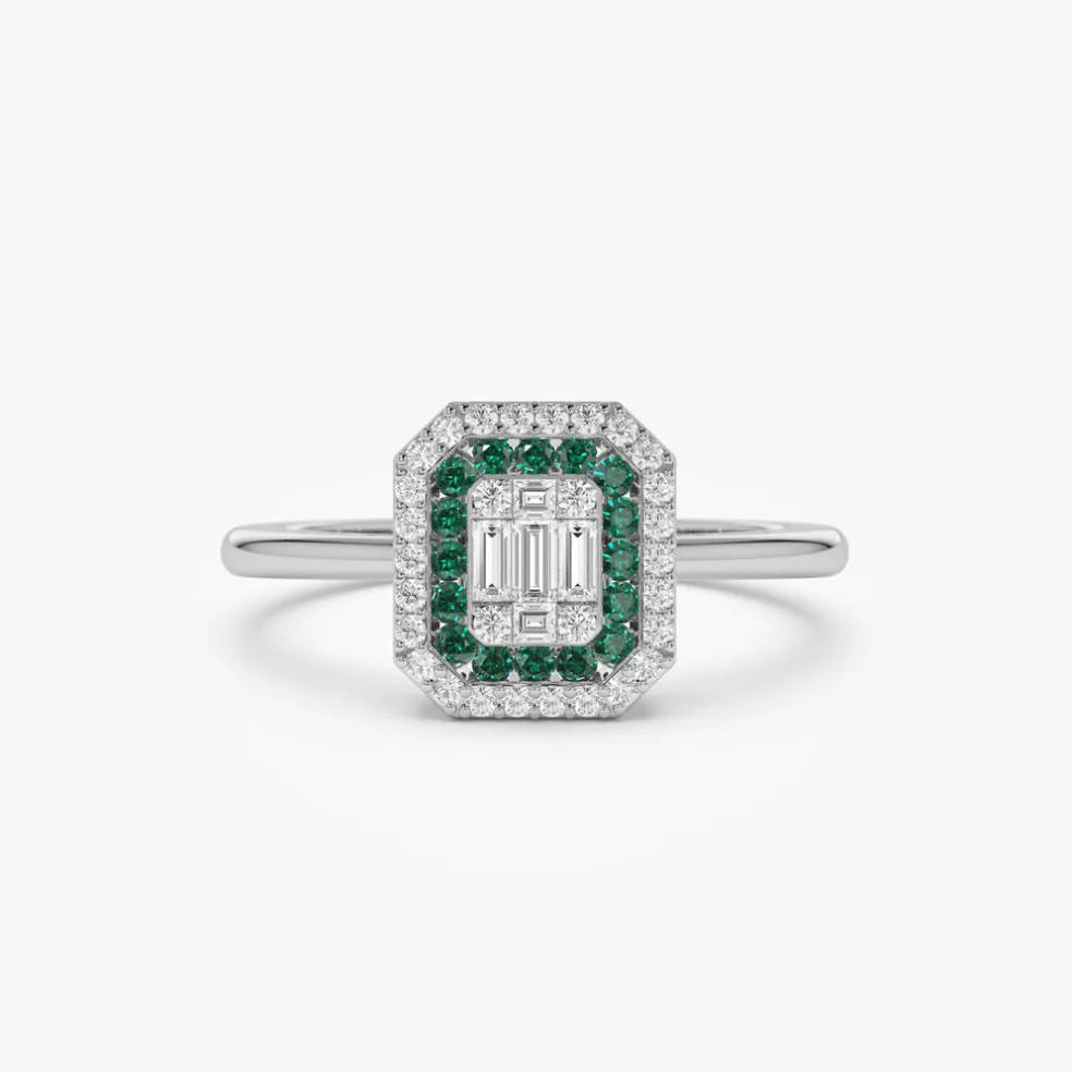 14k Baguette and Round Emerald Ring with Halo Setting