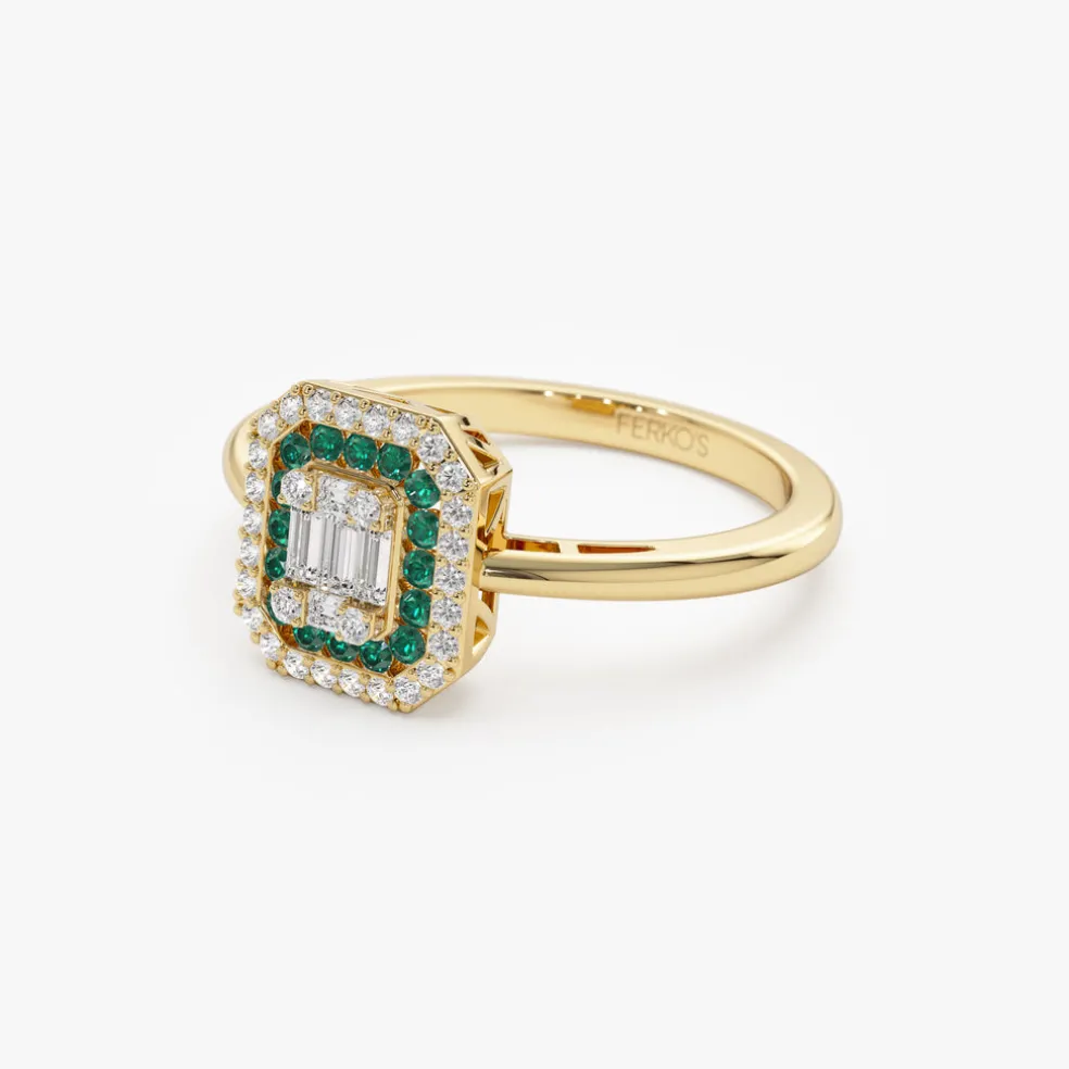 14k Baguette and Round Emerald Ring with Halo Setting