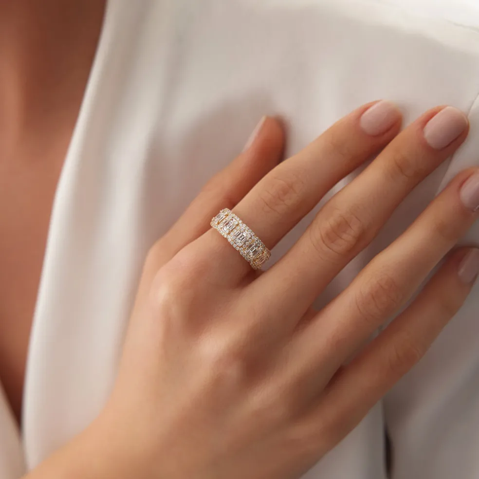 14k Baguette and Round Halo Diamond Ring