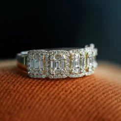 14k Baguette and Round Halo Diamond Ring
