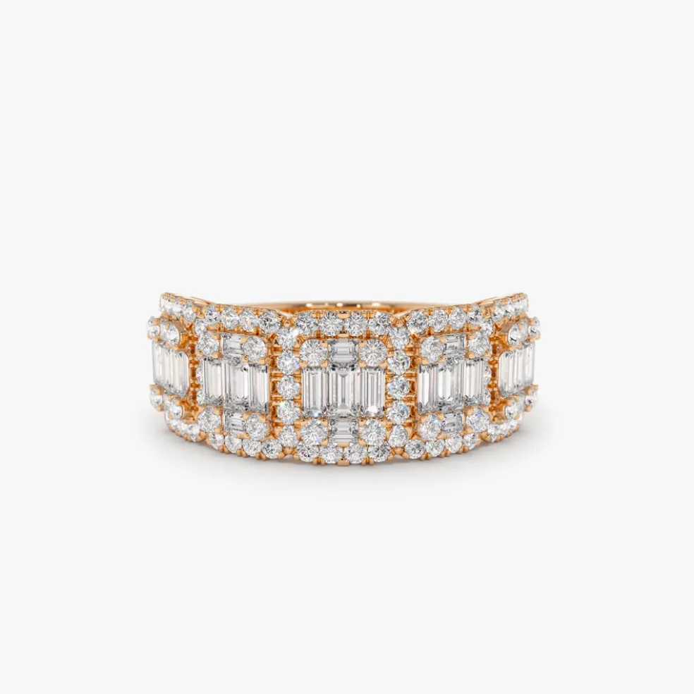 14k Baguette and Round Halo Diamond Ring