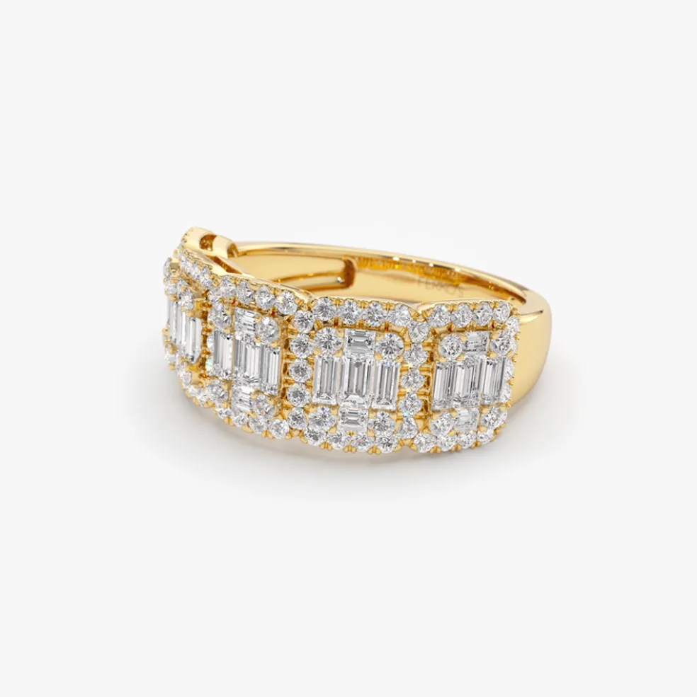 14k Baguette and Round Halo Diamond Ring