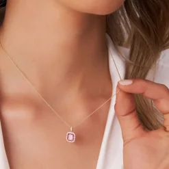 14k Baguette and Round Ruby Necklace with Halo Setting