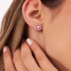 14k Baguette and Round Ruby Studs Halo Setting