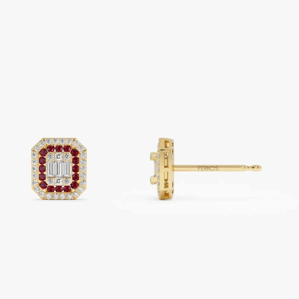 14k Baguette and Round Ruby Studs Halo Setting