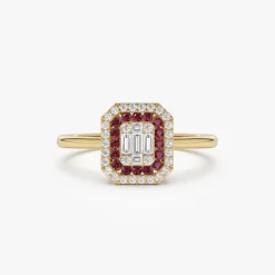 14k Baguette and Round Ruby Ring with Halo Setting