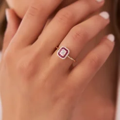 14k Baguette and Round Ruby Ring with Halo Setting