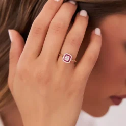 14k Baguette and Round Ruby Ring with Halo Setting
