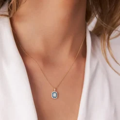 14k Baguette and Round Sapphire Necklace with Halo Setting