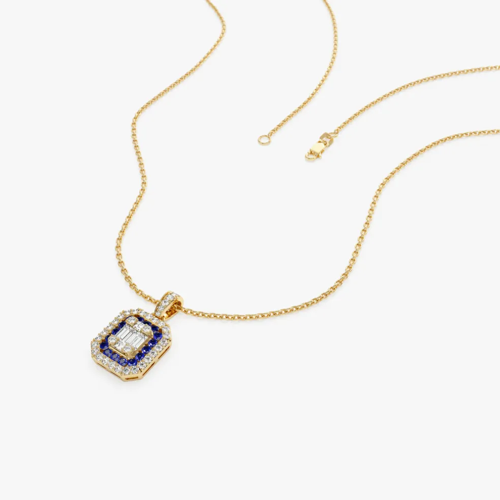 14k Baguette and Round Sapphire Necklace with Halo Setting