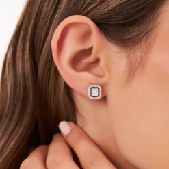 14k Baguette and Round Sapphire Studs Halo Setting