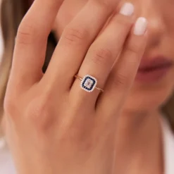 14k Baguette and Round Sapphire Ring with Halo Setting