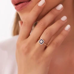 14k Baguette and Round Sapphire Ring with Halo Setting