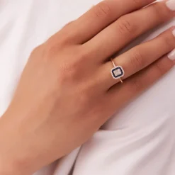 14k Baguette and Round Sapphire Ring with Halo Setting