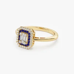 14k Baguette and Round Sapphire Ring with Halo Setting