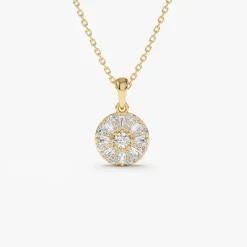 14k Baguette Diamond and Round Diamond Cluster Necklace