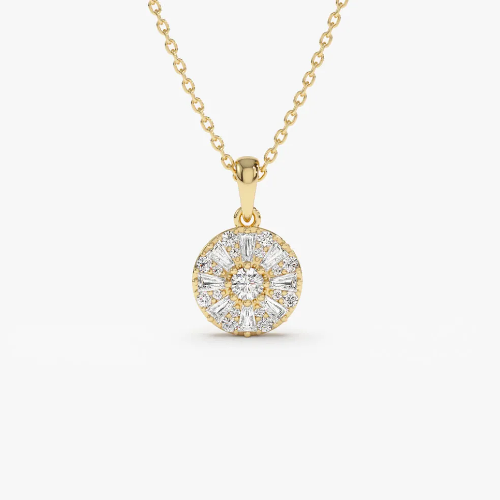 14k Baguette Diamond and Round Diamond Cluster Necklace