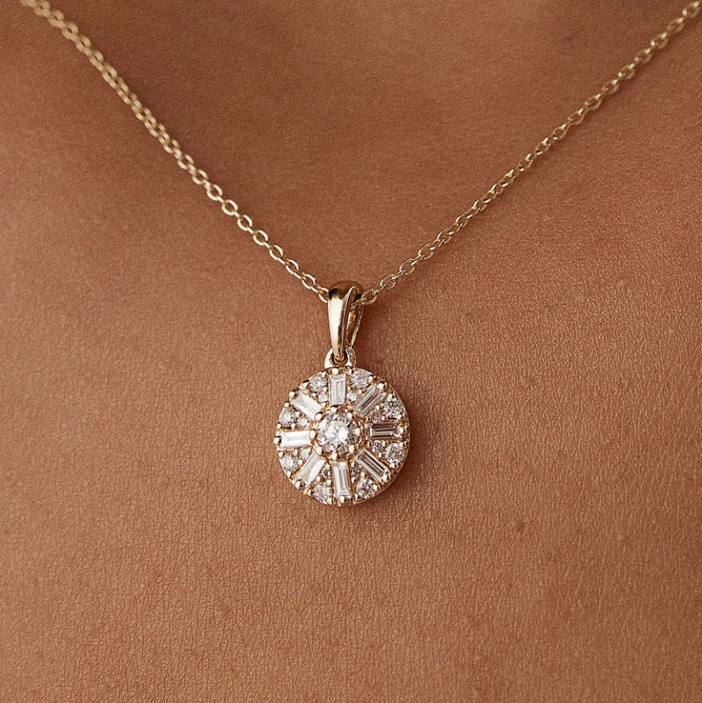 14k Baguette Diamond and Round Diamond Cluster Necklace