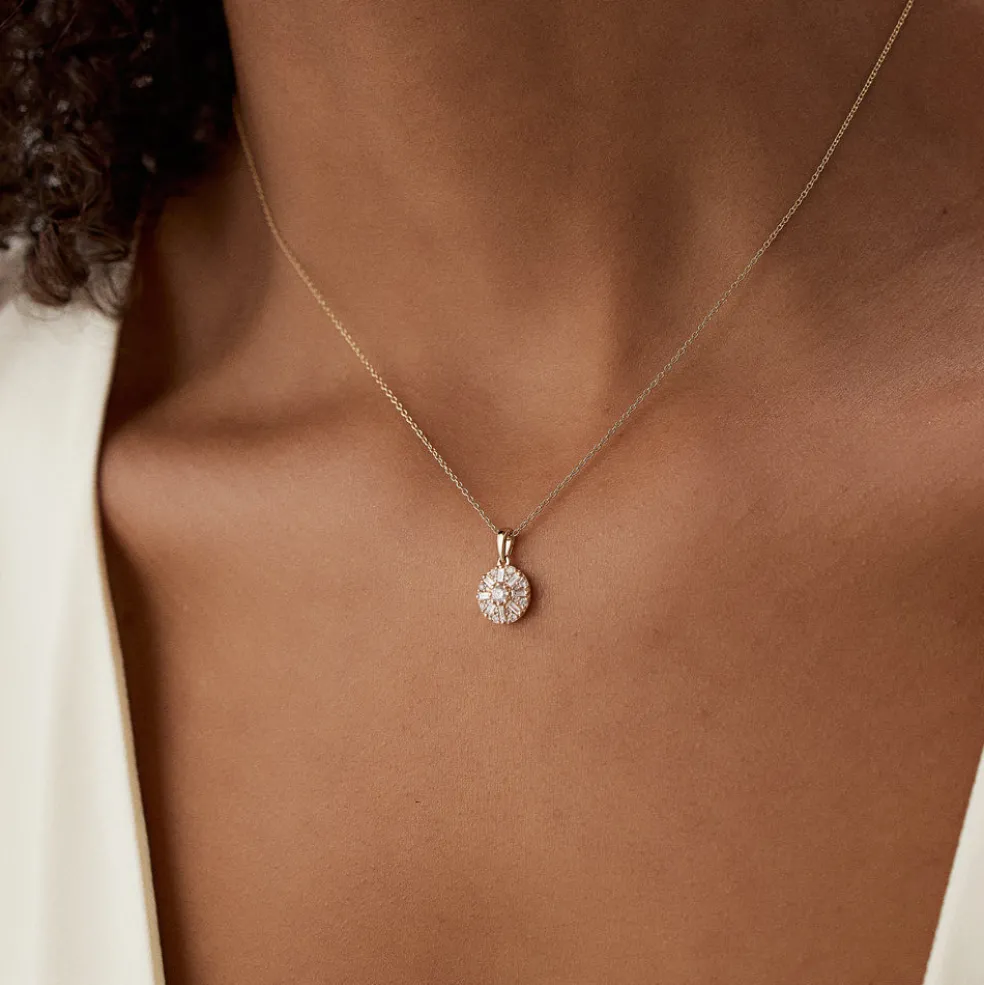 14k Baguette Diamond and Round Diamond Cluster Necklace