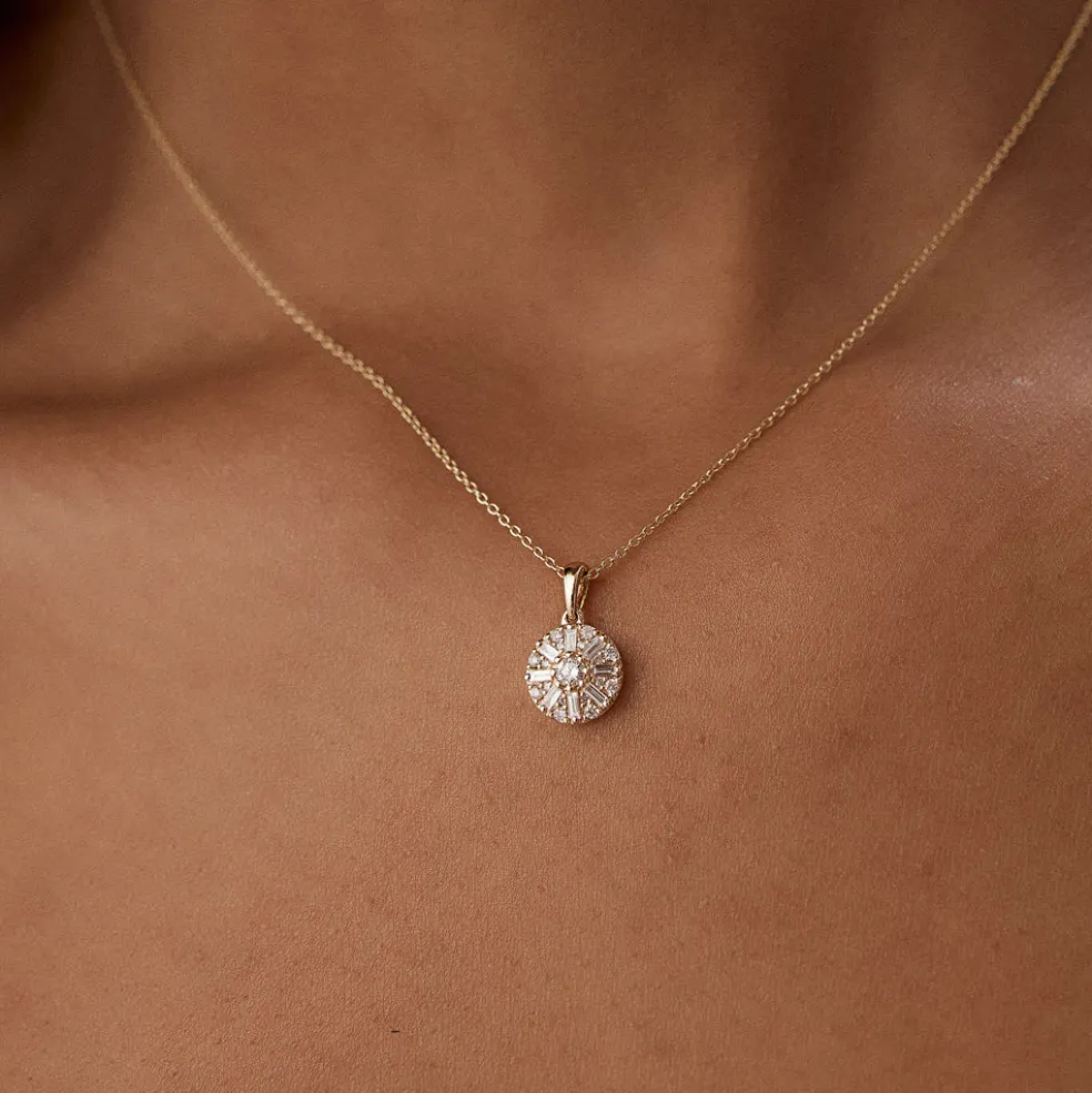 14k Baguette Diamond and Round Diamond Cluster Necklace
