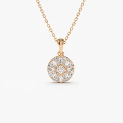 14k Baguette Diamond and Round Diamond Cluster Necklace
