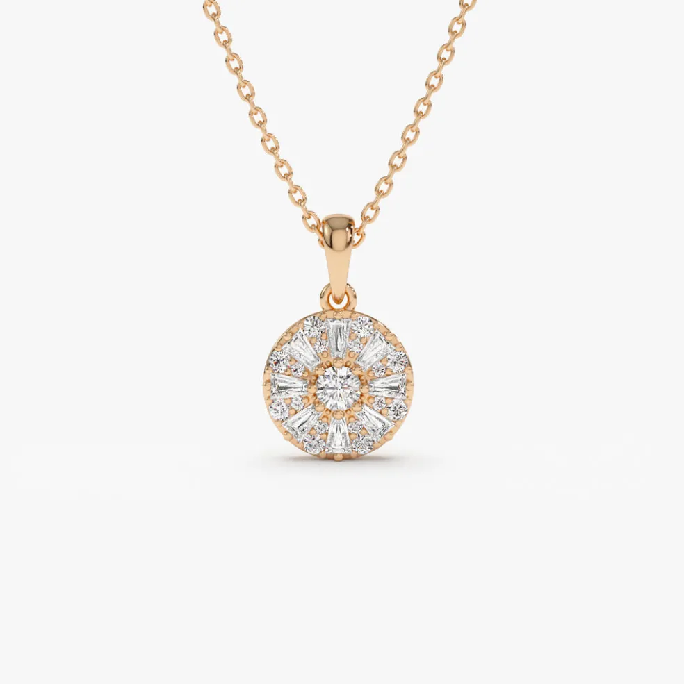 14k Baguette Diamond and Round Diamond Cluster Necklace