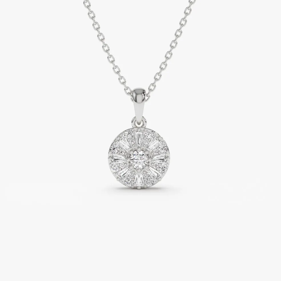14k Baguette Diamond and Round Diamond Cluster Necklace