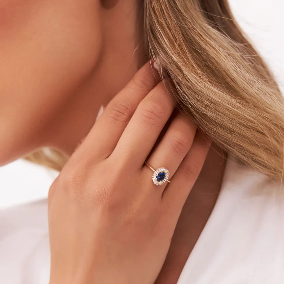 14k Baguette Diamond Ballerina Oval Sapphire Ring