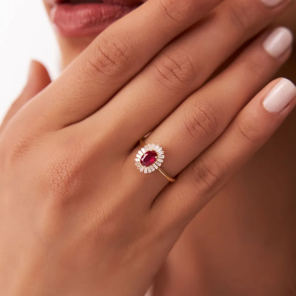 14k Baguette Diamond Ballerina Oval Ruby Ring