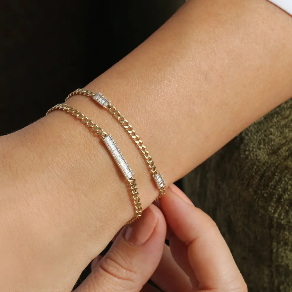 14k Baguette Diamond Bar Curb Link Bracelet