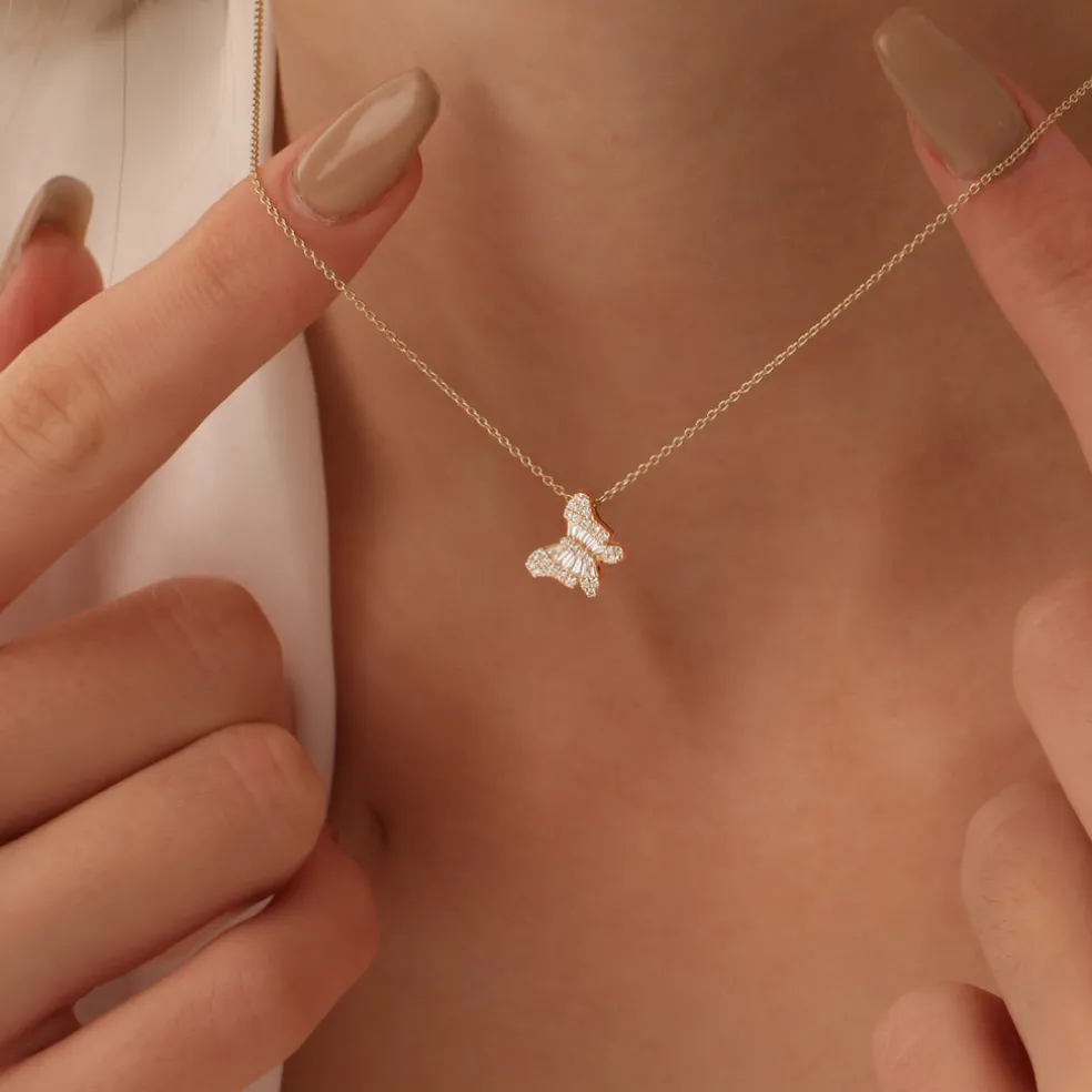 14k Baguette Diamond Butterfly Necklace