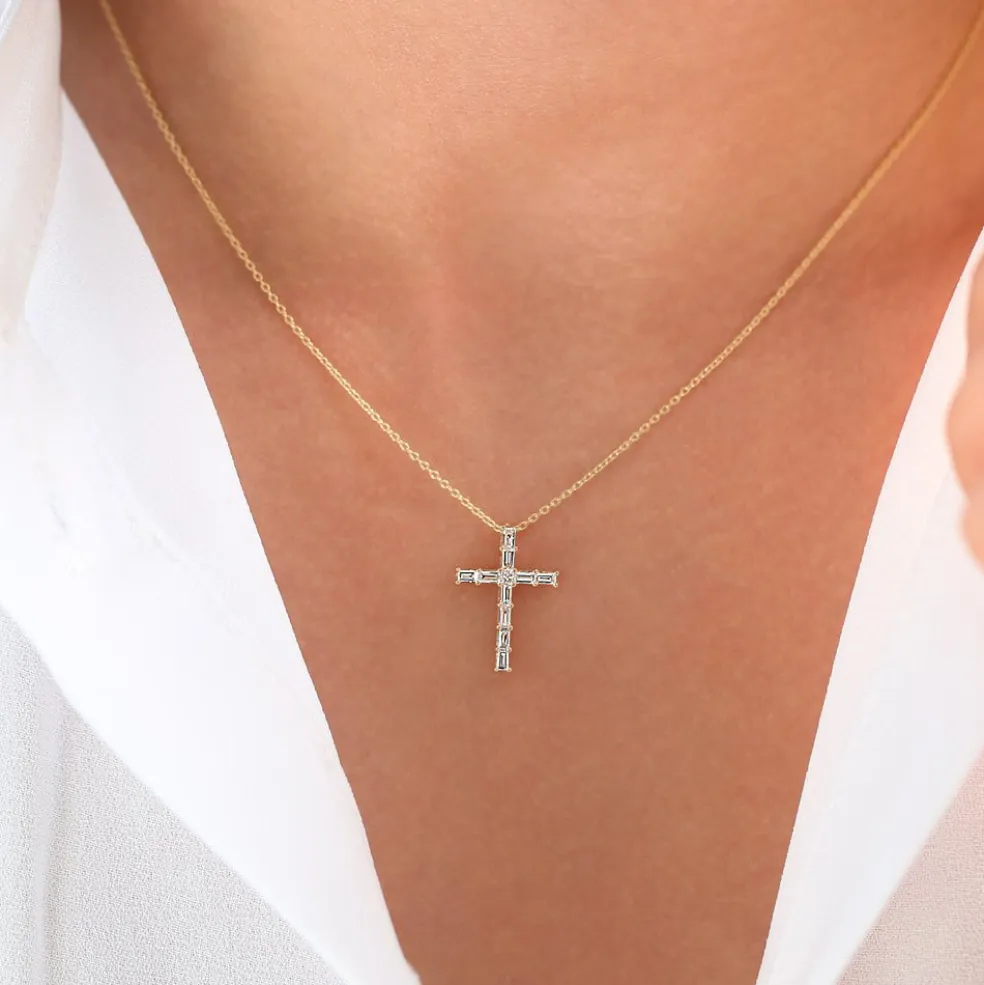 14K Baguette Diamond Cross