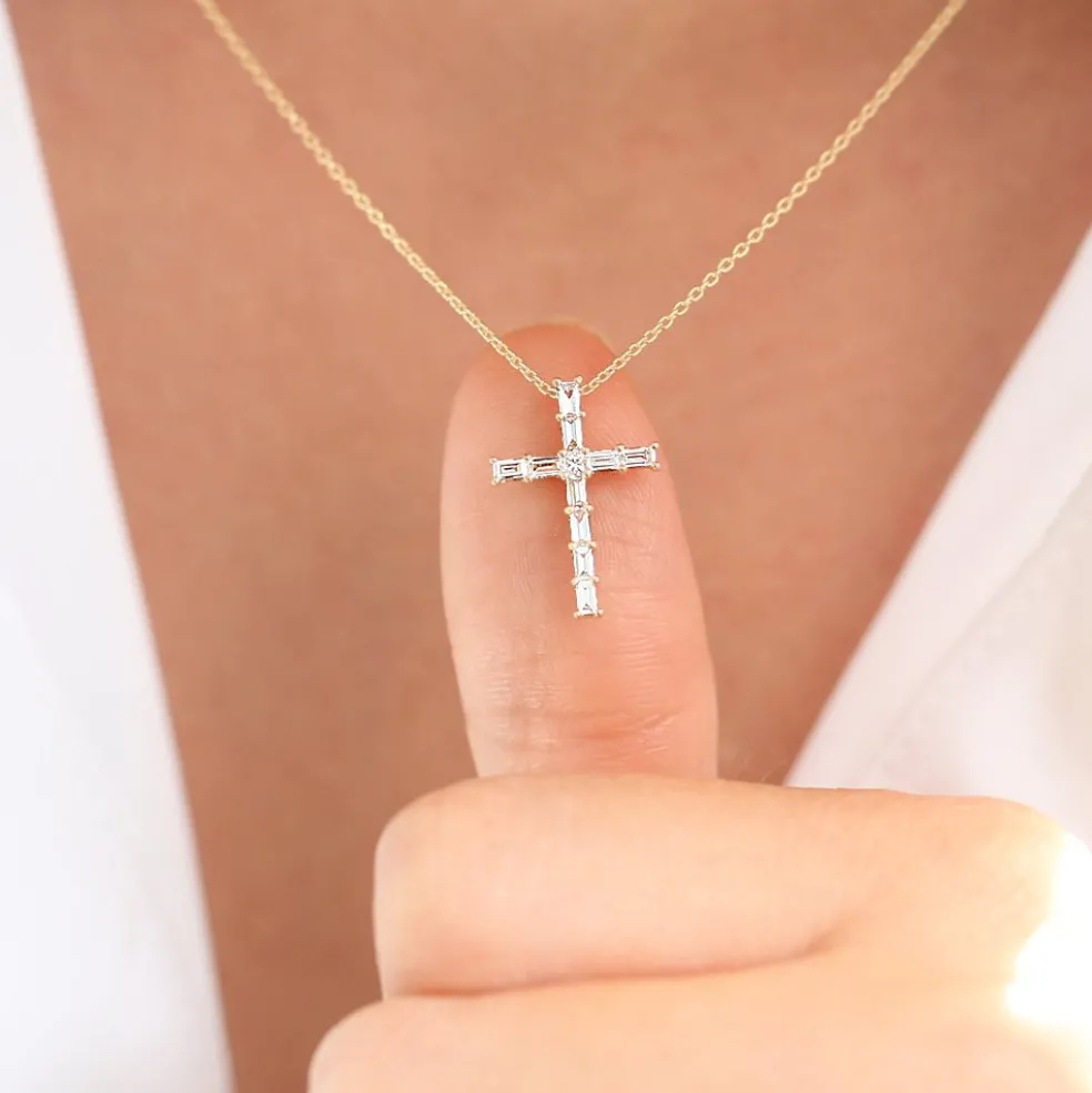 14K Baguette Diamond Cross