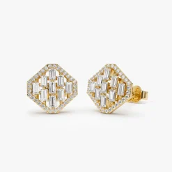 14k Baguette Diamond Earrings in Halo Setting