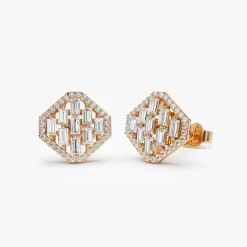14k Baguette Diamond Earrings in Halo Setting